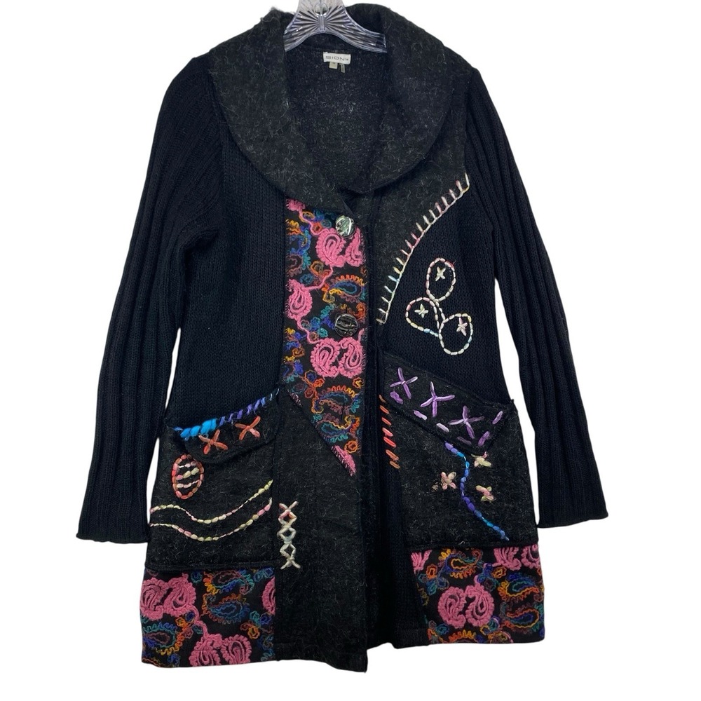 Sioni Wool Mohair Embroidered Cardigan M Multicolor Floral Wearable Art Boho